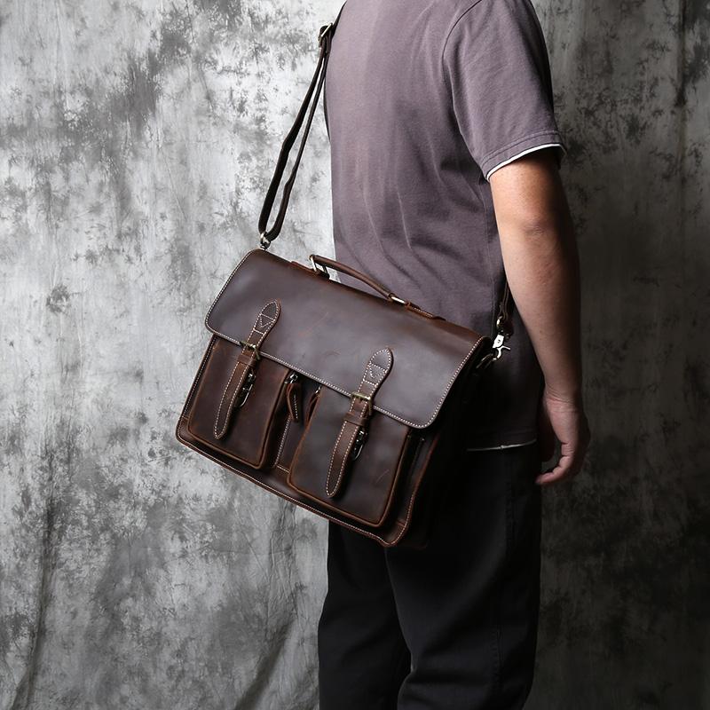 NZPJ Retro Leather Men's Handbag Crazy Horse Leather Horizontal Computer Bag Top Layer Leather Men Casual Shoulder Messenger Bag