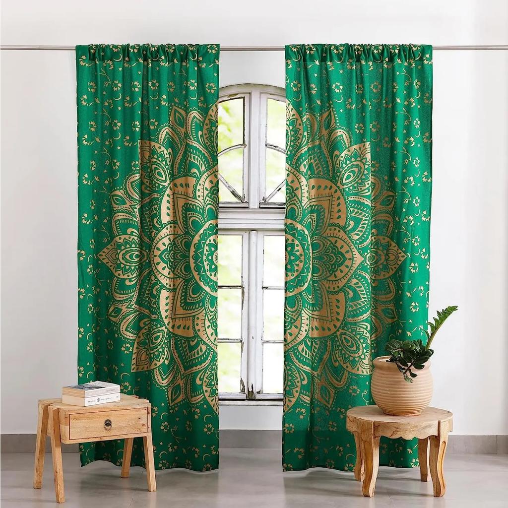 3D Print Black and Gold Hippy Mandala Curtain 2 Pieces Free Shipping Thin Curtains Room Bohemian Decoration Bedroom Living Room