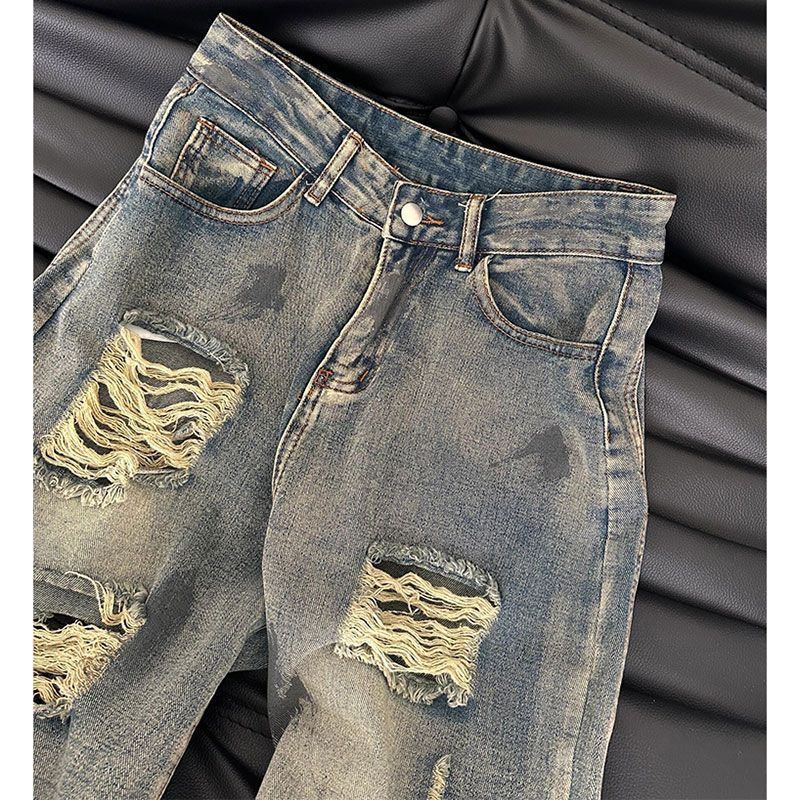 Blue Beggar Hole Broken Jeans Female Summer Thin Washed Small Pear-shaped Figure Skinny Dragging The Ground High-waisted Trousers Long Denim Pants