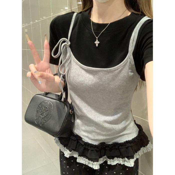 

Women s Cotton Blend Retro Short-Sleeve T-Shirt - 4 Colors, Summer White Camisole, Fake Two-Piece Slim Fit Medium чорний
