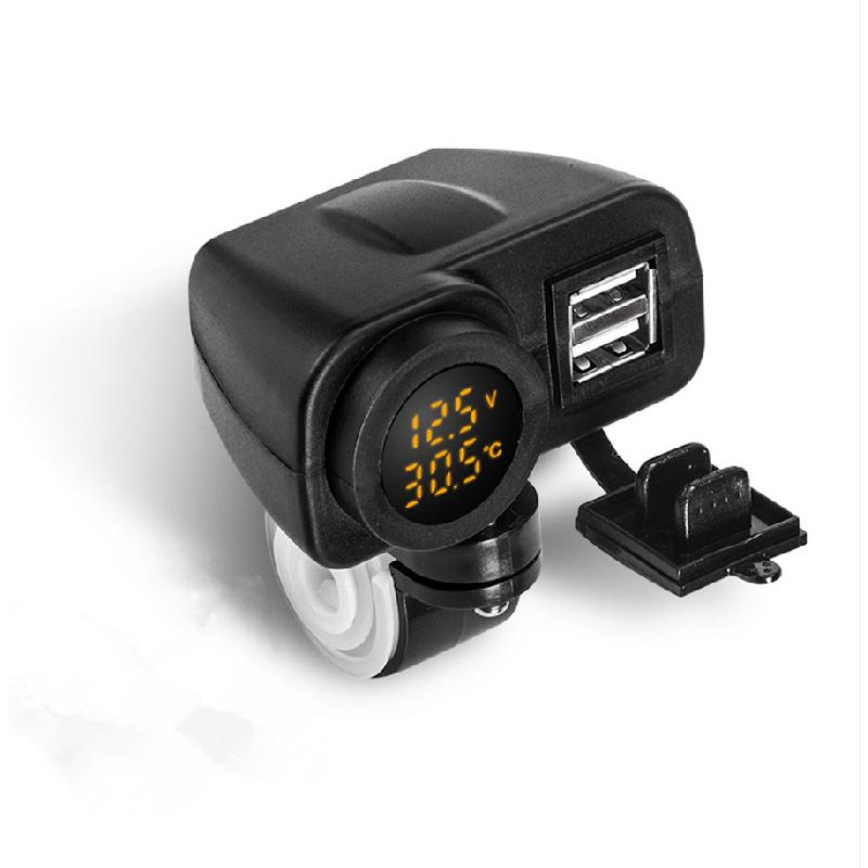 Motorcycle 12V 2Usb 2.1A+2.1A Charger W/Yellow Led Digital Voltmeter Thermometer
