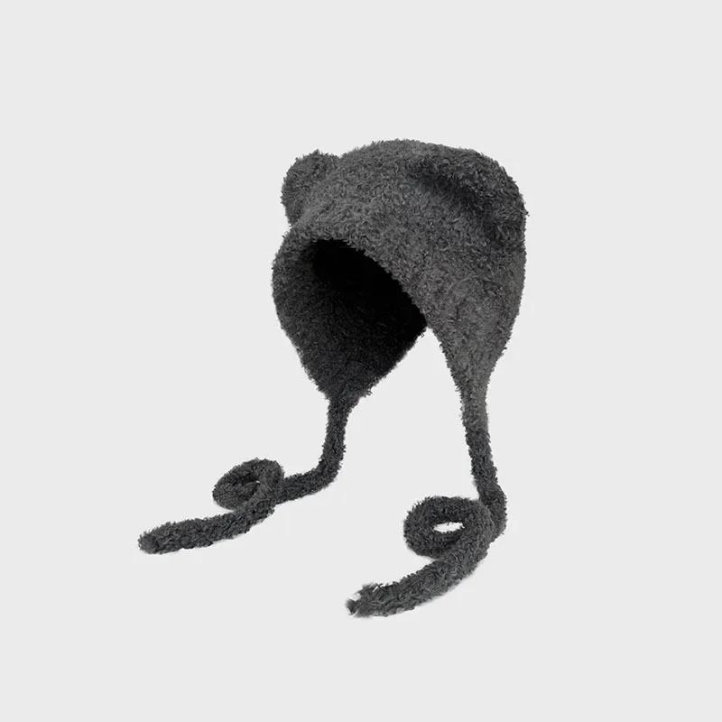 Nowe ciepłe czapki dziergane Y2K, urocza czapka wełniana z uszami misia, modna czapka wiatroodporna chroniąca uszy, czapki szydełkowe, jesienne zimowe czapki beanie