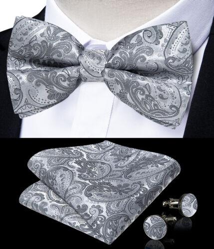 Conjunto de abotoaduras masculinas de seda azul ajustável com gravata borboleta Paisley floral Hanky