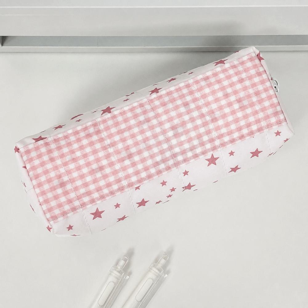 Large Capacity Pencil Case Pink Star Gingham Pencil Pouch Kawaii Stationery Bag  Gift