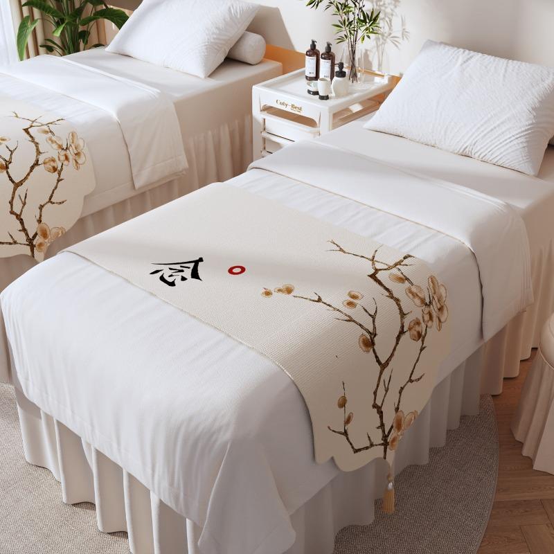 Beauty Salon Chinese Bed Flag Dust Proof Bed Cover Massage Foot Massage Bed End Towel Zen Inspired Decorative Long Bed Blanket Tassel Linen Fabric
