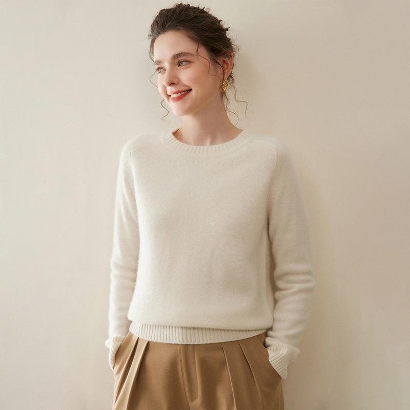 Women's Pure Cashmere Round Neck Sweater - Thickened Knit Pullover, Saddle Shoulder, Autumn/Winter Base Layer.