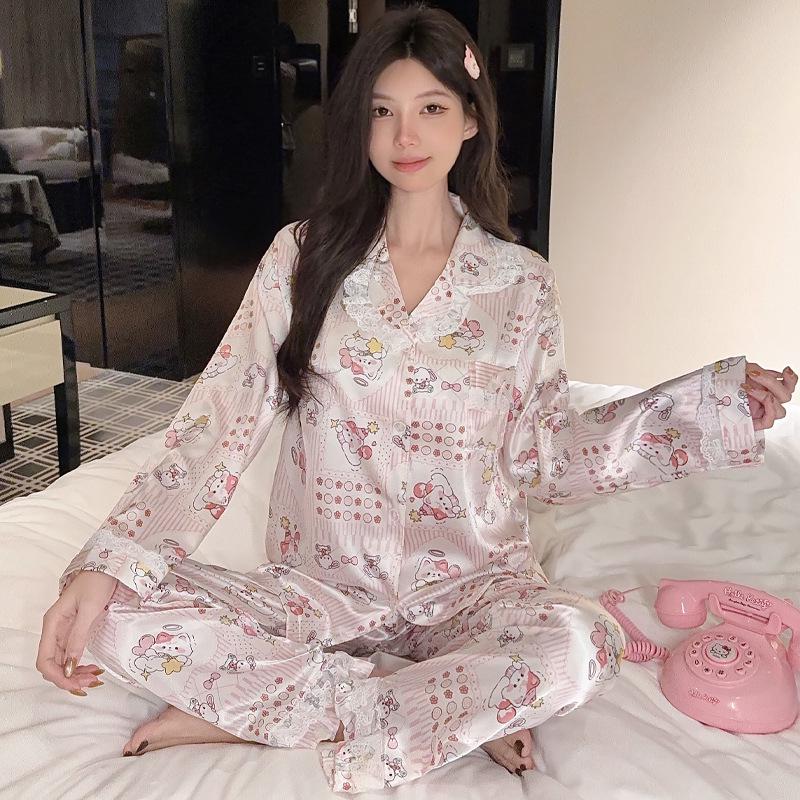 Women's Ice Silk Solid Color Pajama Set - Long Sleeve, Long Pants for Spring, Summer, and Autumn.