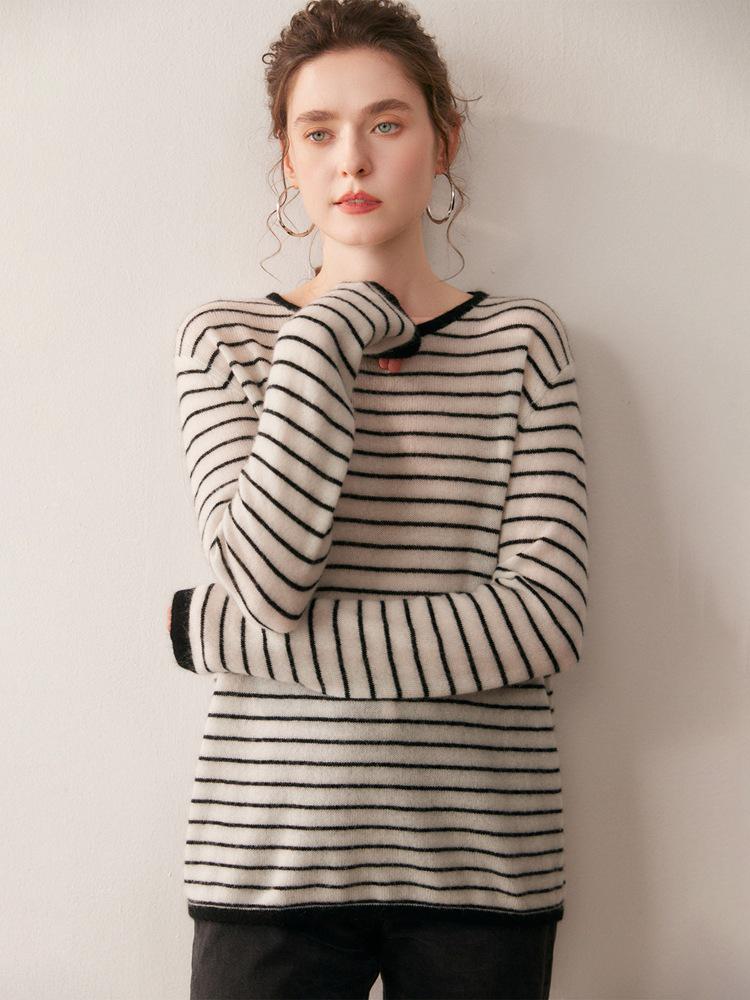 Cashmere Blend Women's Round Neck Color Block Stripe Knitwear: Loose, Elegant, Casual Autumn/Winter Pullover.