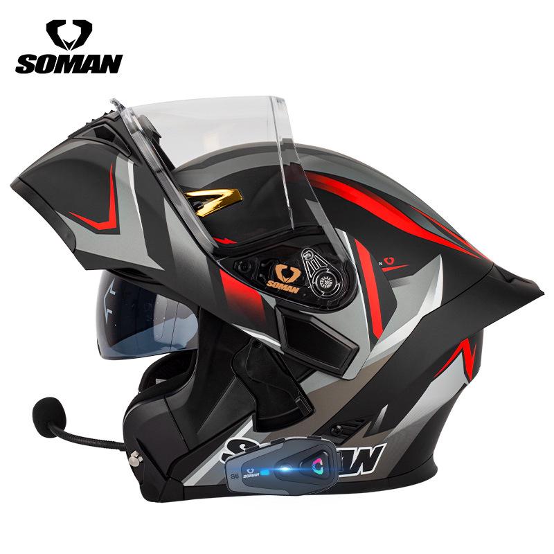 SOMAN Bluetooth Motorcycle Helmet with Double Lens and Flip-Up Design for All Seasons
