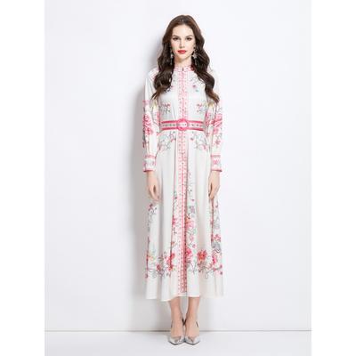 Summer Autumn Women Stand Collar Print Single Breasted Long Maxi Big Swing Holiday Beach Dresses with Belt