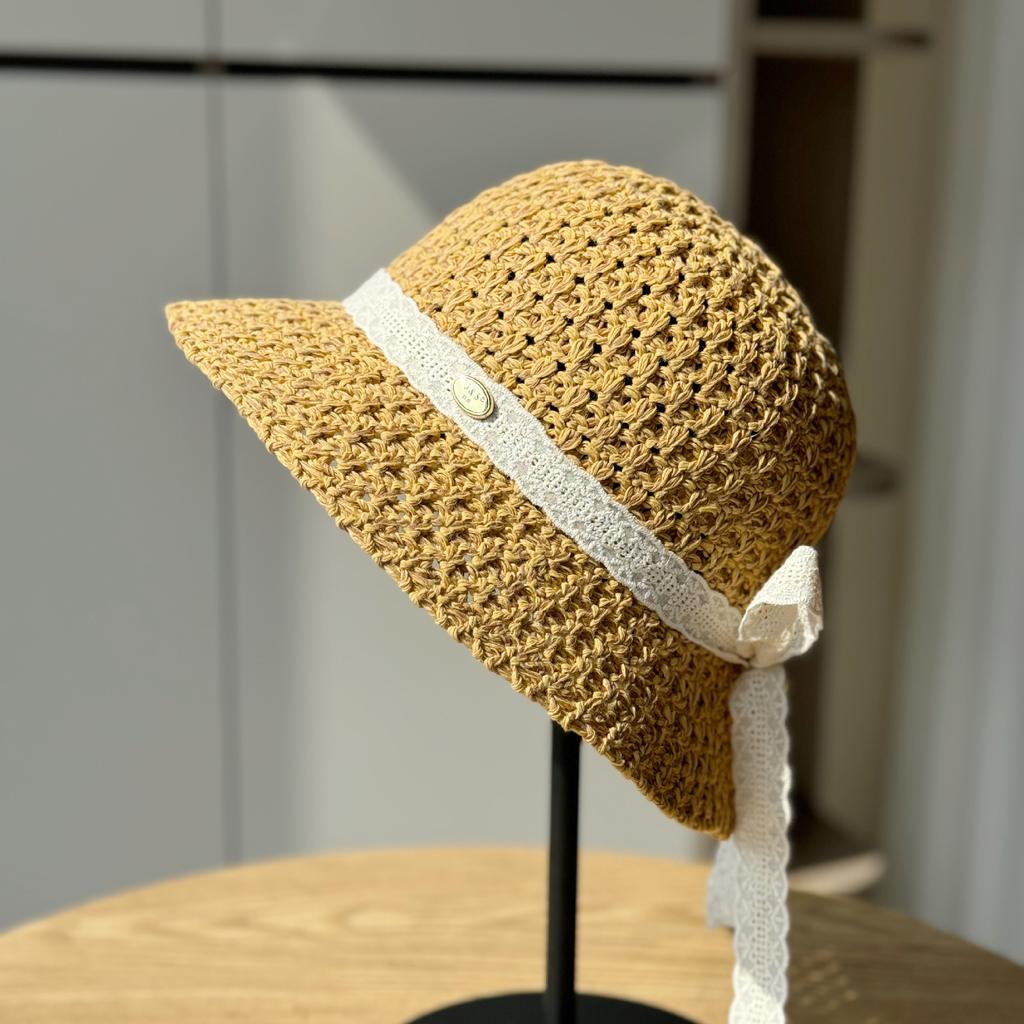 New Bucket Hat Large Brim Women's Beach Hollow Knitted Hat Women's Sun Hat Foldable