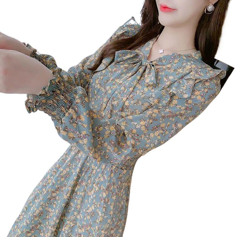 Goddess Style Slimming Ruffled Floral Tea-length Dress