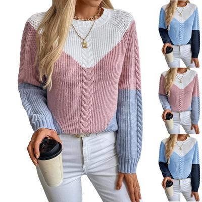 Moda Damska Casual Okrągły Dekolt Długi Rękaw Wygodny Kontrastowy Kolor Warkoczowy Sweter Damski Luźny