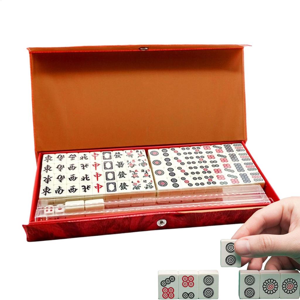 Set di Mahjong Portatile da 144 Pezzi, Tessere Complete con 2 Dadi e 4 Supporti, Gioco da Viaggio e per la Casa per Riunioni Familiari, Serate di Festa, Divertimento