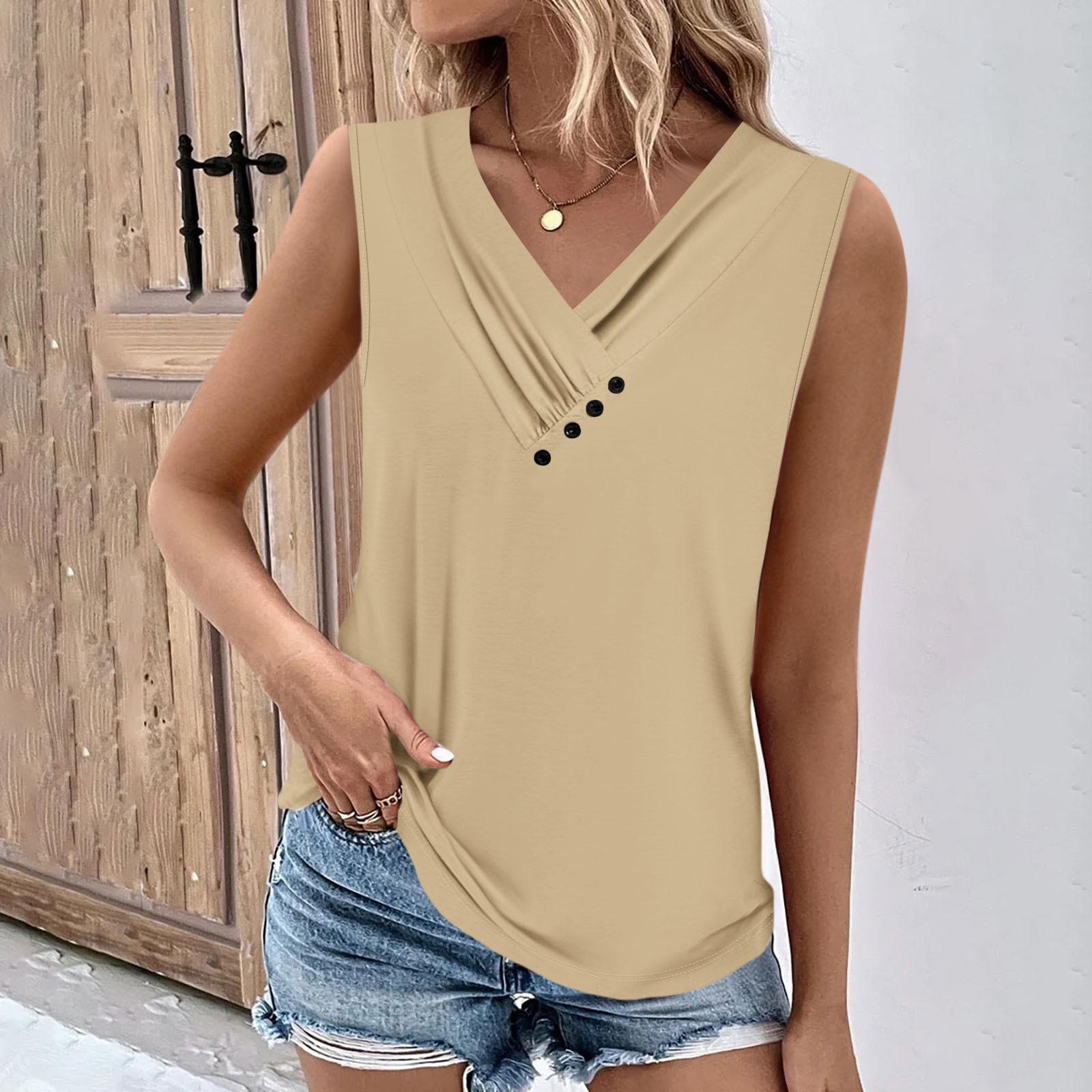

Летние женские топы на бретелях с v-образным вырезом, повседневные рубашки без рукавов с принтом, повседневные свободные плиссированные футболки, футболки, женская блузка XXL хаки