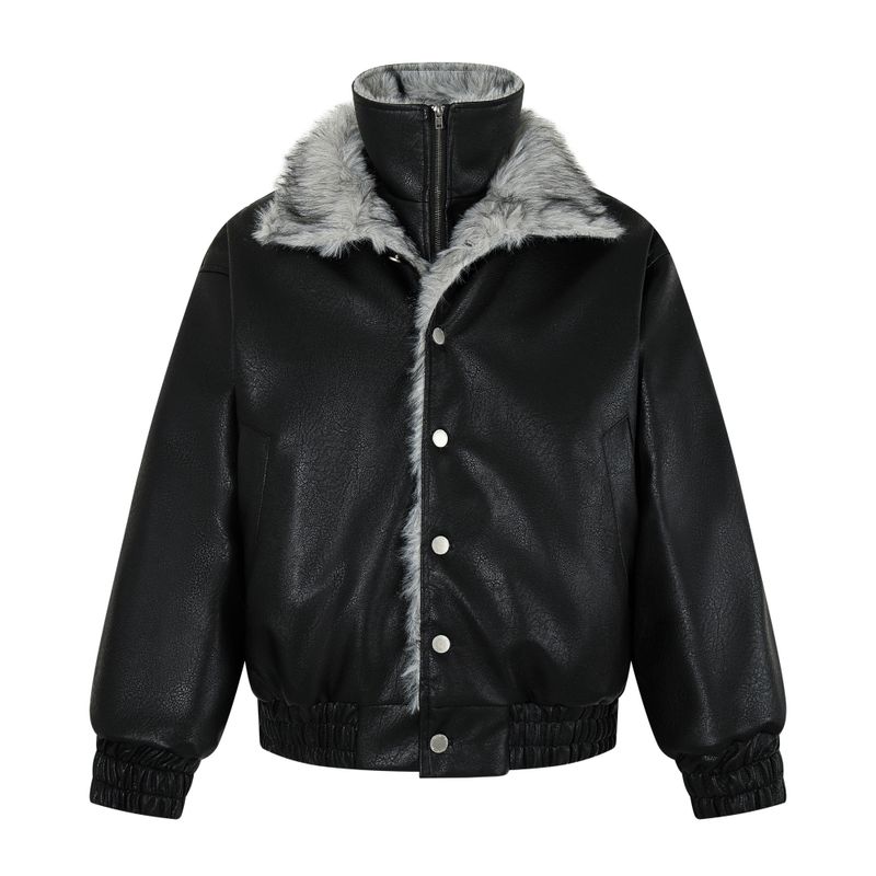 Kisko Winter American-Style Mountain Carving Warm Leather Jacket Cotton Coat for Men and Women, Cool Two-Piece Faux Silhouette Jacket Trendy