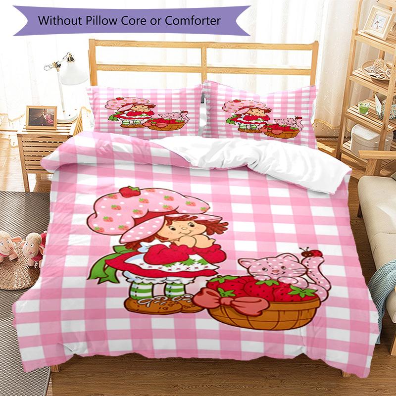 3pcs Princess Strawberry3 Design Cover Set - HD Printed Bedding with 1 Cover and 2 Pillowcases - Perfect for Home and Dorm Decor