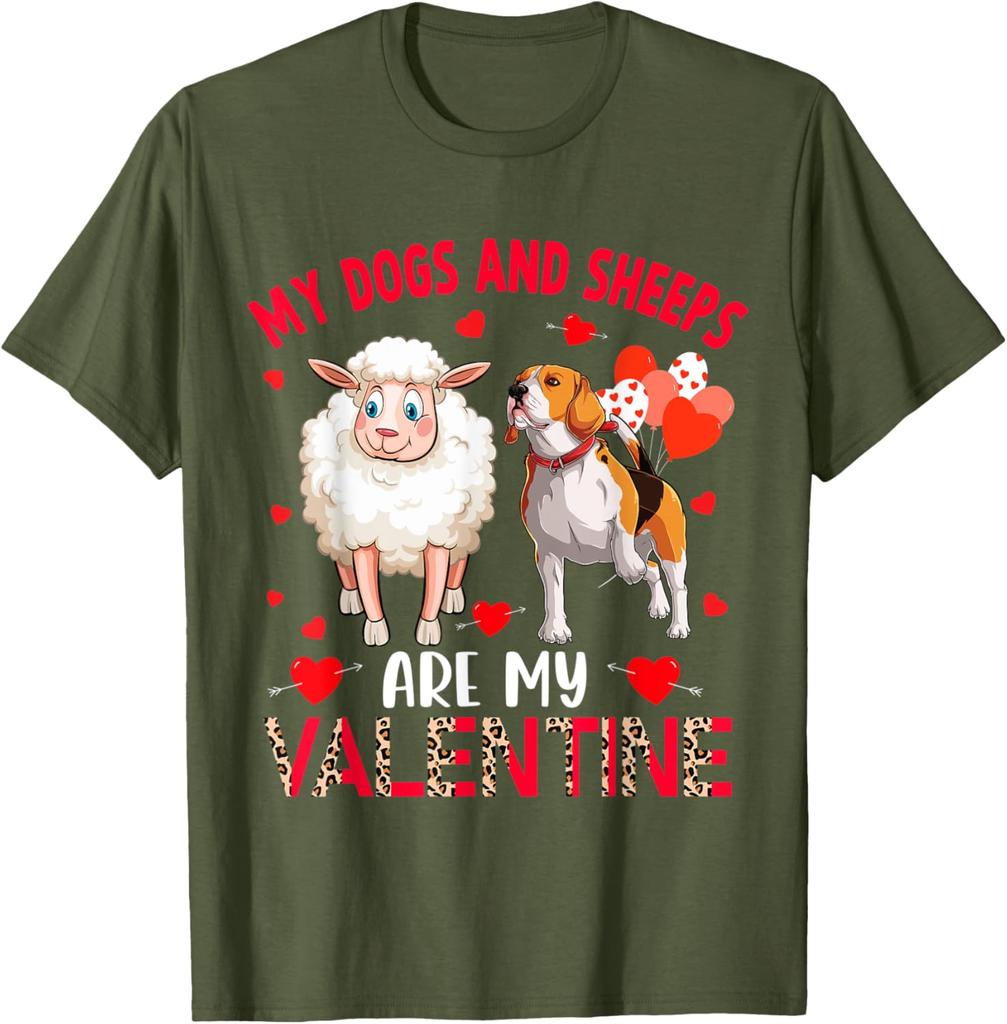 My Dogs And Sheeps Are My Valentine Beagle Sheep Graphic Tee Casual Cotton T-Shirt