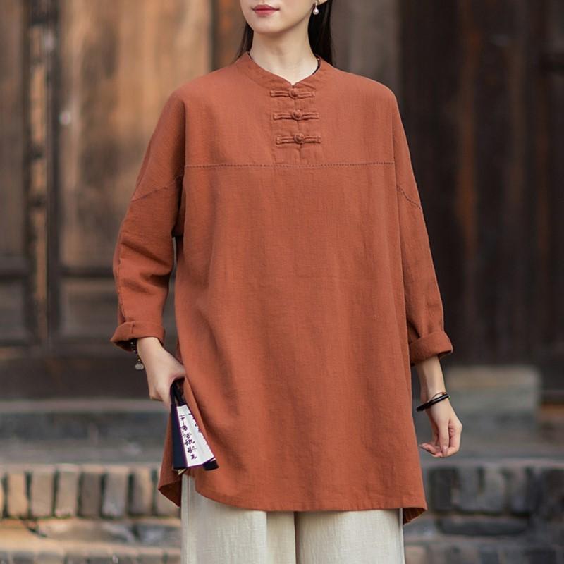 Johnature Women Vintage Shirts Tops Spring Chinese Style Solid Color Stand Long Sleeve Blouses