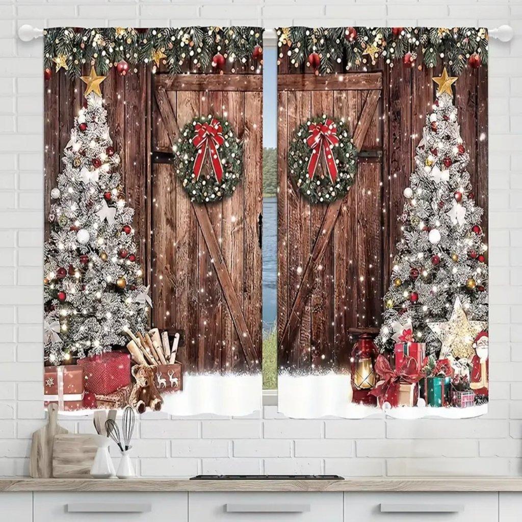 Piece Christmas Curtain Set Barn Wooden Door Polyester Drapes Living Room Kitchen Bedroom El Bathroom For Sitting Made Of With Rod Pocket
