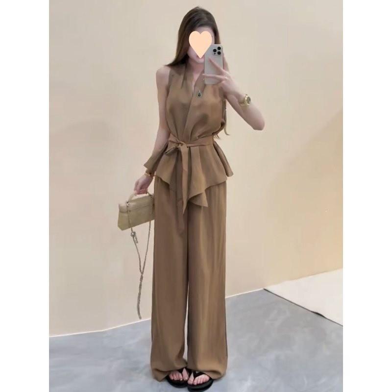 Urban Style Sleeveless Cropped Top High Waist Wide Leg Pants Summer Suit For Women