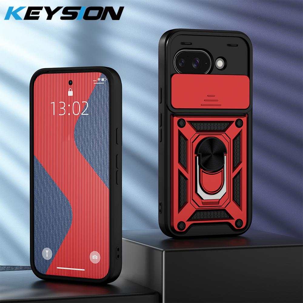 KEYSION Shockproof Armor Case for Google Pixel 9A Silicone+PC Slide Camera Lens Protection Ring Stand Phone Cover for Pixel 9A