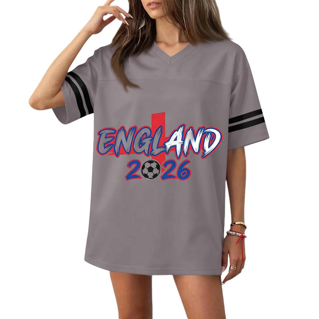 Women V Neck Short Sleeve Casual Loose Fit Sports T Shirt with 2026 Football Flag Print for Outdoor Activities
