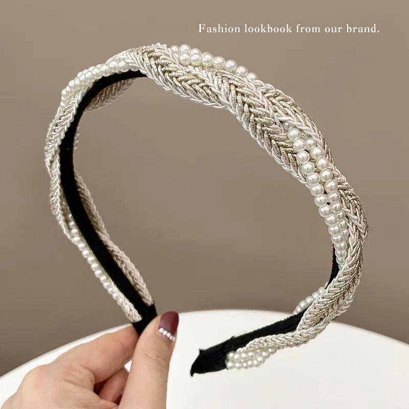 

Французская жемчужная плетеная оправа Повязка для волос Элегантная женская однотонная плиссированная повязка на голову Модная женская заколка для волос Аксессуары для волос