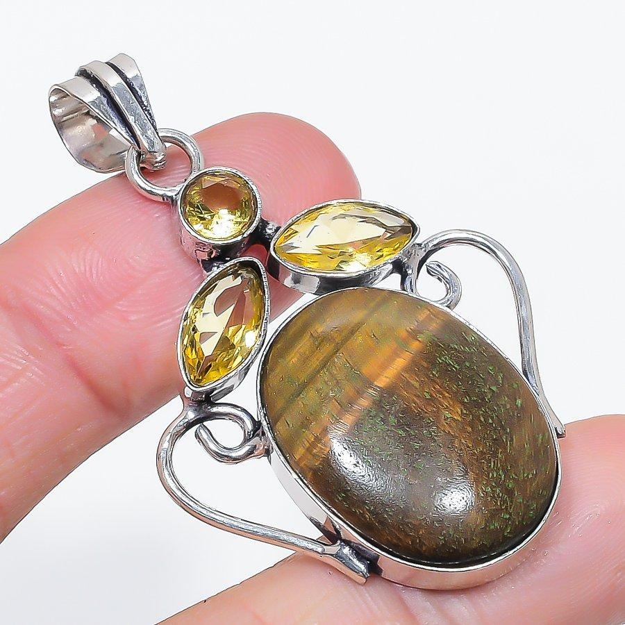 Natural Tiger Eye, Citrine 925 Sterling Silver Jewelry Pendant 2.17" U4o85