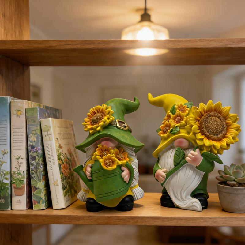2Pcs Sunflower Gnome Ornament, Resin Garden Gnome, Yellow Hat Hugging Sunflower Gnome, Tabletop Window Sill Ornament