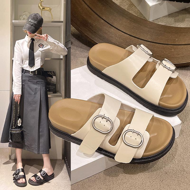 Thick-soled versatile one-word buckle with sandals women's summer 2025 new outer wear flat-soled slippers beach sandals ins tide