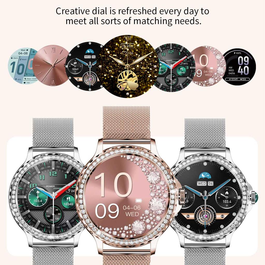 LUCKY START Roségoldene Smartwatch Bluetooth-Anruf Dame 100+ Sportmodi Fitness-Gesundheitsmonitor Damen-Smartwatch für IOS Android NX19
