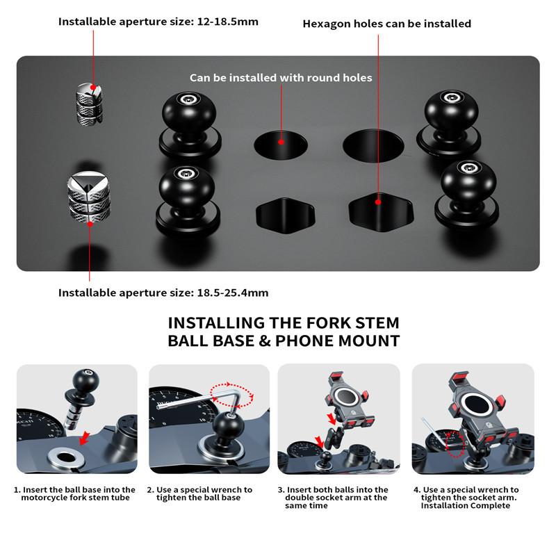 Supporto per Moto Bicicletta Base Nera per Stelo Forcella con Testa Sferica da 17mm 25mm per Adattatore Supporto Sferico GoPro insta360 Porta Telefono Cellulare