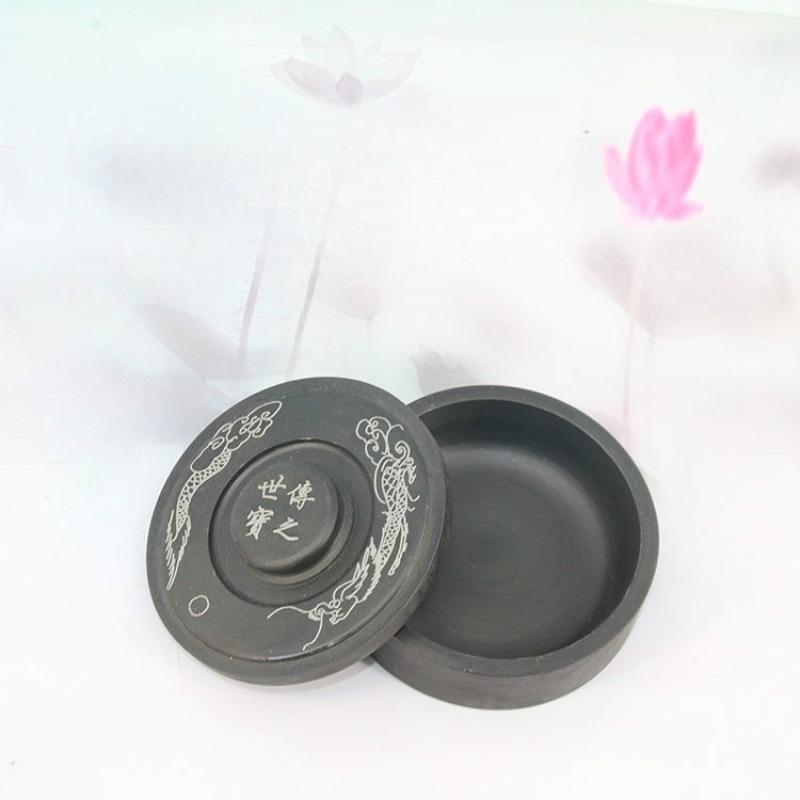 Student Inkstone with Cover Yuan Pond, Ribbed Inkstone, Round, Mohai Inkstone Calligraphy Training Course
