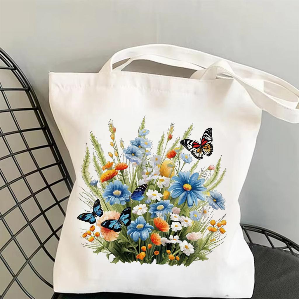 Frühlingshafter Blumen-Gras-Druck Canvas Tragetasche Trendige Funktionelle Tasche Ideal für Pendeln, Einkaufen und Tragen täglicher Notwendigkeiten