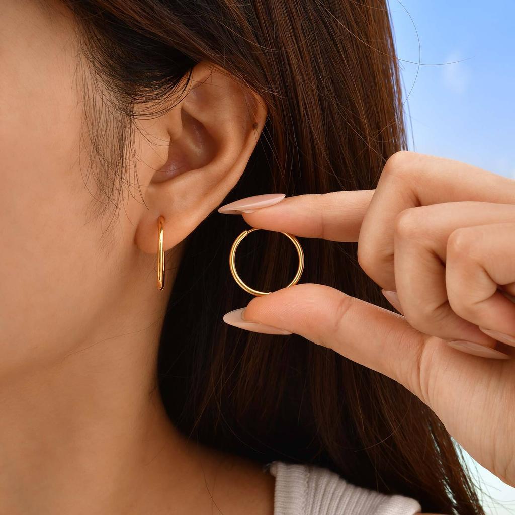 Vnox Simple Thin Stainless Steel Earrings For Women Girls, 13-23mm 18K Gold Plated Huggies, Non-allergic Jewelry 1.6mm Wire