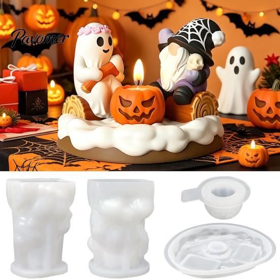 Reusable Candle Mold 4Pcs Halloween Silicone Molds Set, DIY Ghost Gnome Pumpkin Set Crafts Mold, Handmade Epoxy Resin Casting for Festival Making