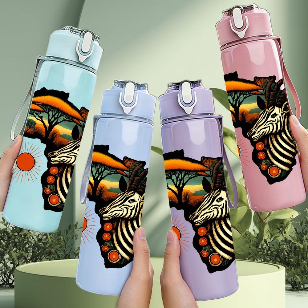1PC Africa Map Wild Animal 750ml Color Plastic Sports Water Bottle Leakproof Flip Straw Lid Suitable for Sports Office Home Use