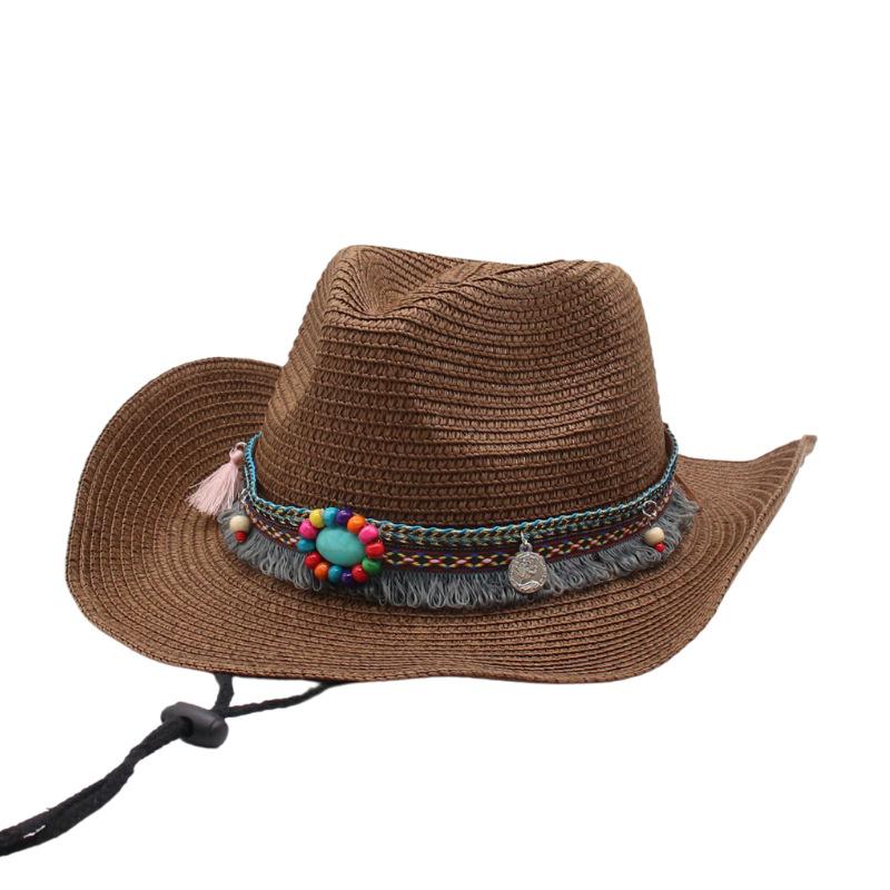 Cowboy Straw Hat Women's Summer Travel Sun Protection Visor Year New Ethnic Style Jazz Hat Big Brim Beach Hat