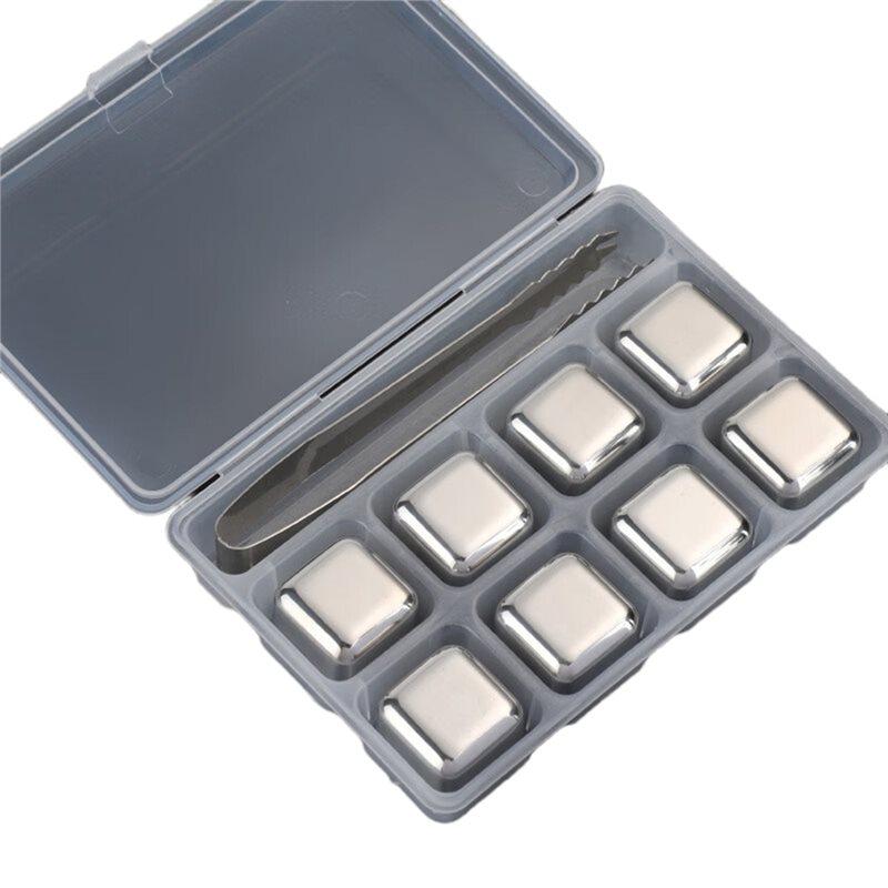 8PCS Metal Ice Cubes Reusable Whiskey Stones Stainless Steel Waterless Chilling Stones With Ice Tongs & Storage Box серебряный