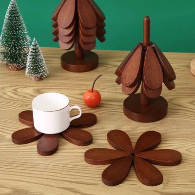 3/4Pcs Christmas Tree Trivets for Hot Dishes Tree Shape Bamboo Potholder with Holder for Pans