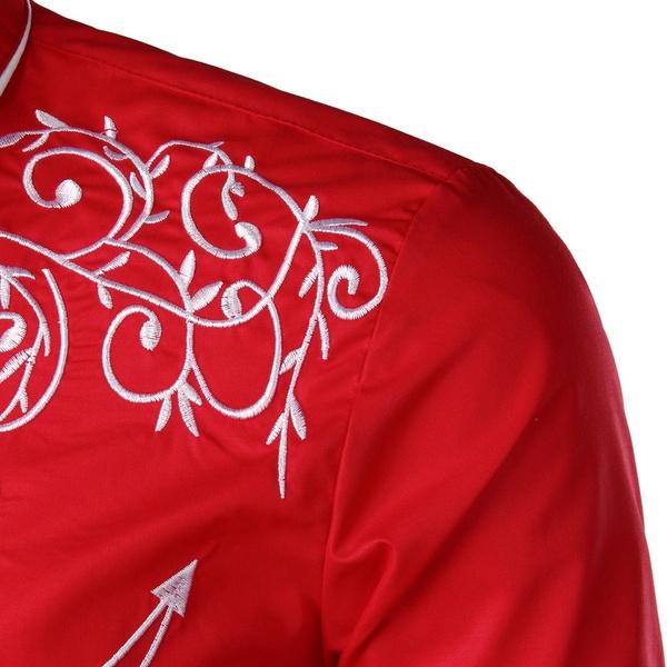 Mens Western Cowboy Embroidered Shirt Slim Fit Casual Long Sleeve Button Down Party Shirts S-2XL