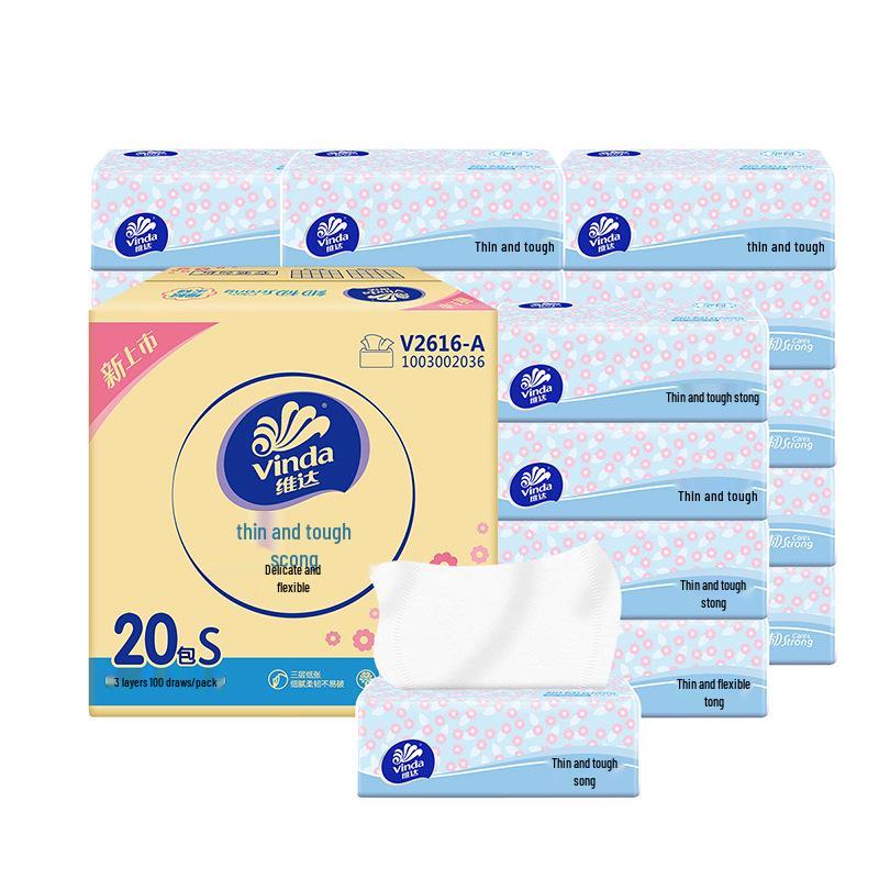 Vinda 3-Ply Soft & Durable Facial Tissues, 100 Sheets/Pack, 20 Packs/Box
