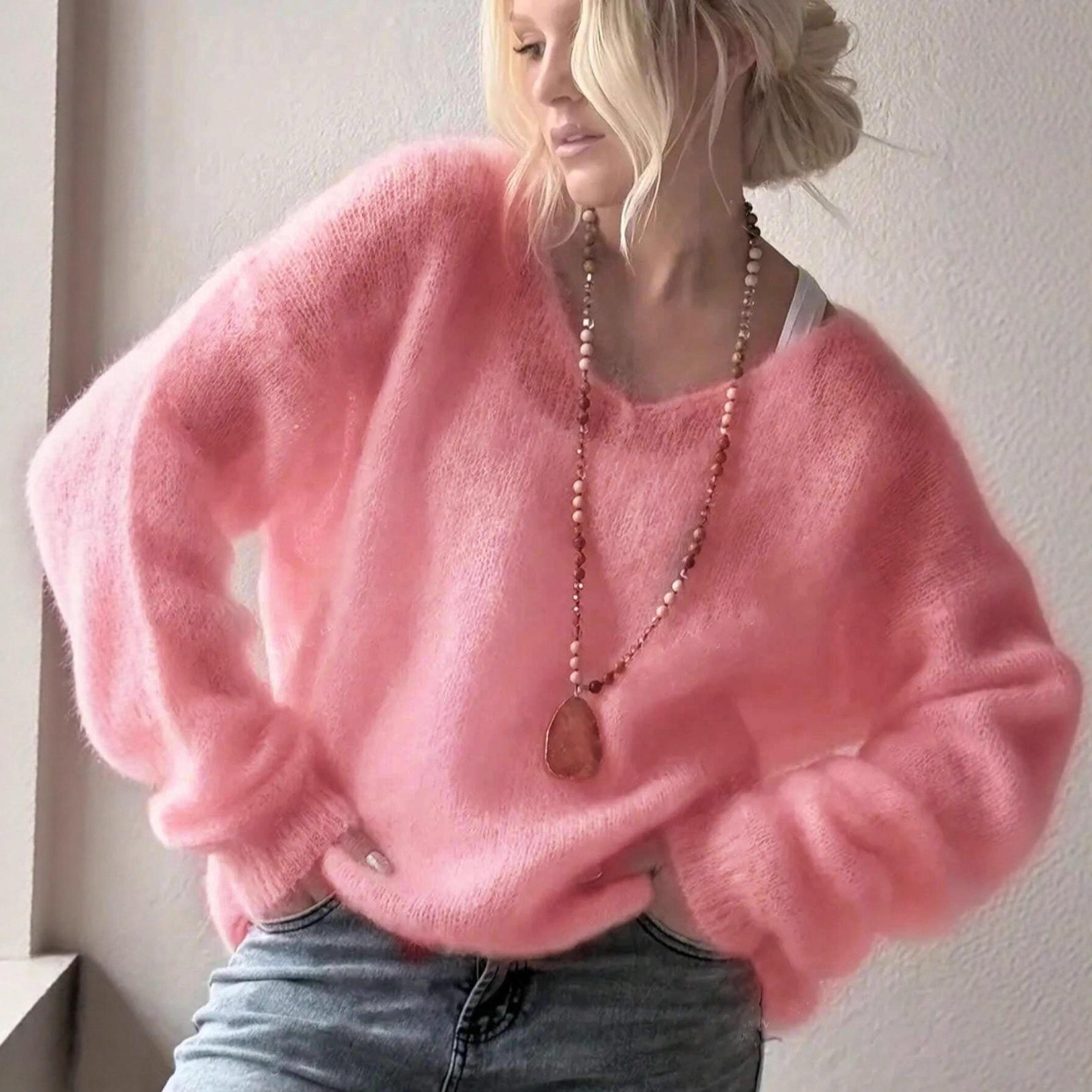 

Женский пуловер с V-образным вырезом и длинными рукавами, повседневный свитер, женский вязаный джемпер на осень/зиму, модный однотонный свободный тонкий топ, одежда XS розовый