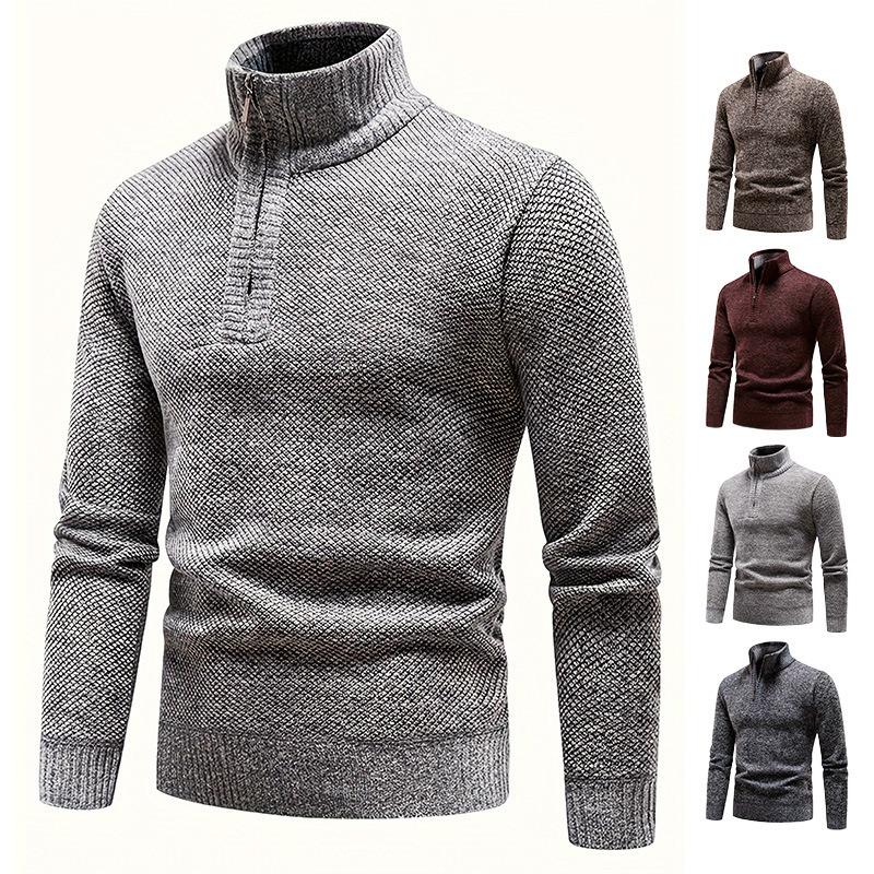Autumn Winter Men's Fashion Casual Knitted Sweater Thickened Velvet Stand Collar Half Zipper Pullover Jacket