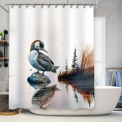 Modern Peacock-themed Shower Curtain Waterproof Bathroom Decor with Natural Lake Scene Printing for Home Decoration Available In