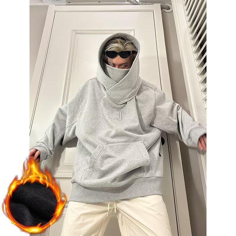 New Men s Japanese High Neck Velvet Hoodie - Trendy High Street Style, Loose Fit, Unisex M