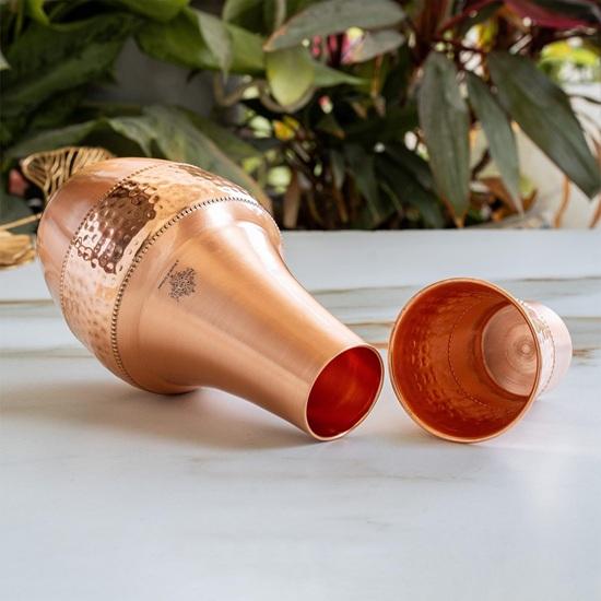 Set di 1 Bicchiere Stampato in Rame Puro con Benefici per la Salute Ayurvedica, Bicchiere Integrato, Borraccia da Camera per Scopo di Conservazione 1300 ml