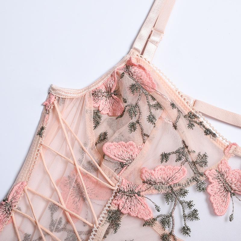 Sommer Floral Stickerei Crop Tops Frauen Spitze Mesh Schmetterling Gummiband Cami Top Damen Sexy Casual Backless Kurze Tank Top
