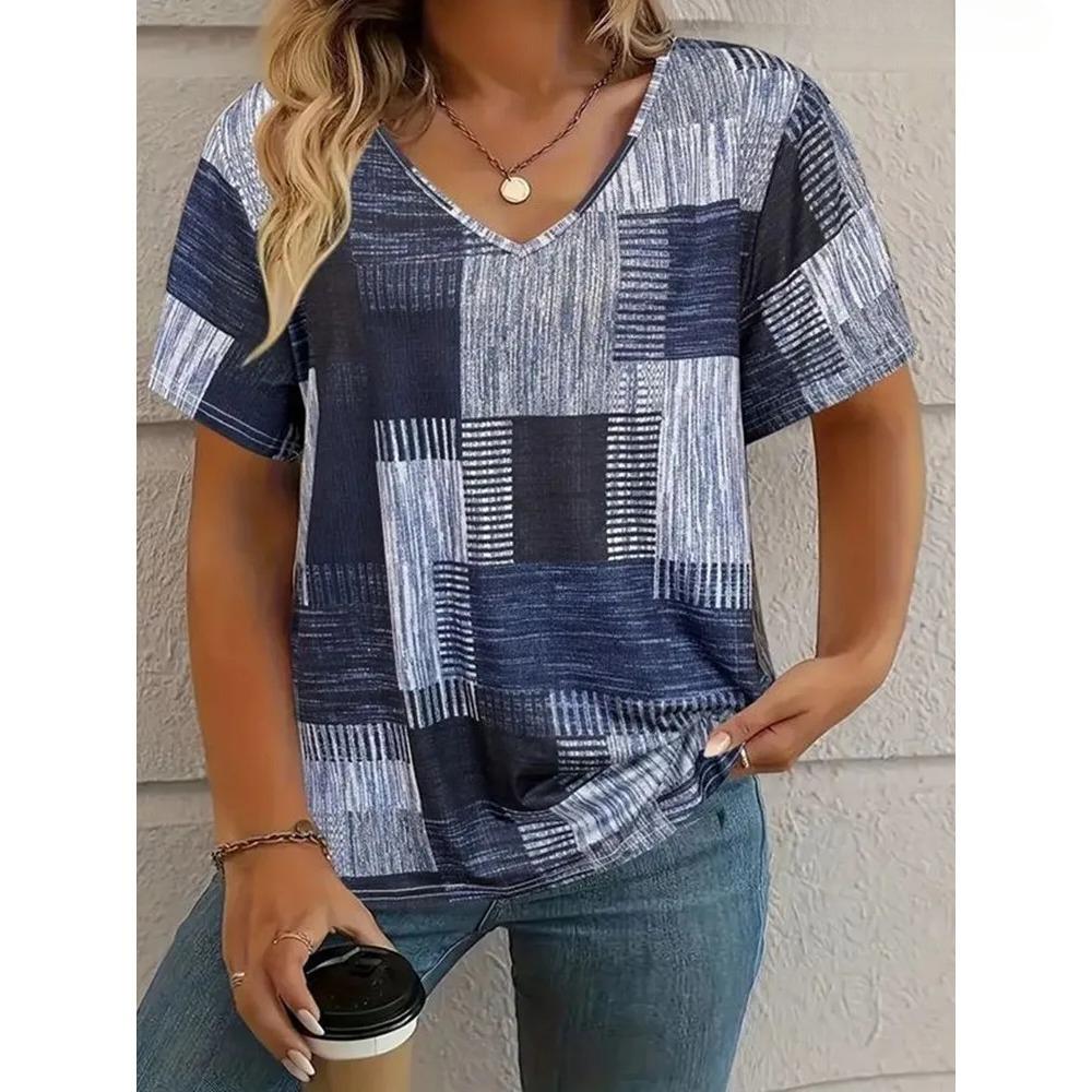 Summer Women Grid Stripe V Neck Casual Fashion Tops Comfortable Loose Short Sleeve Female T-shirt